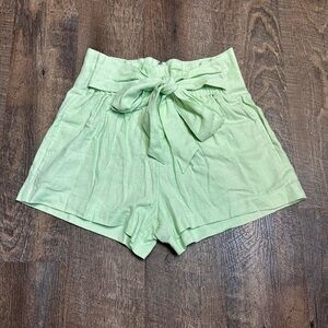 light green high rise linen blend tie front shorts from abercrombie